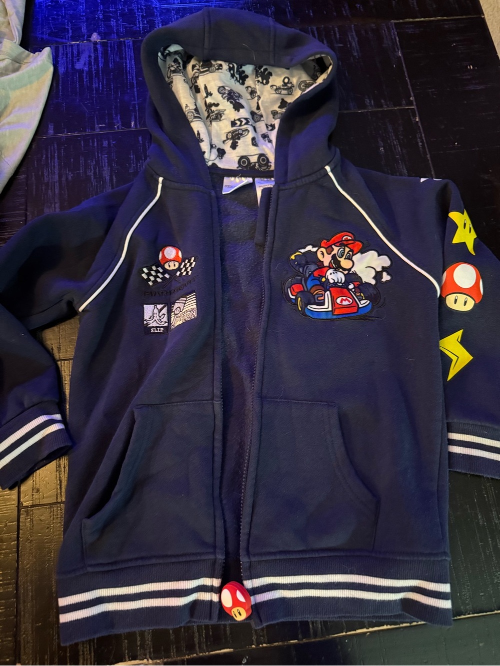 Mario boys zip up navy jacket size 8 with tracker detail and mushroom zipper